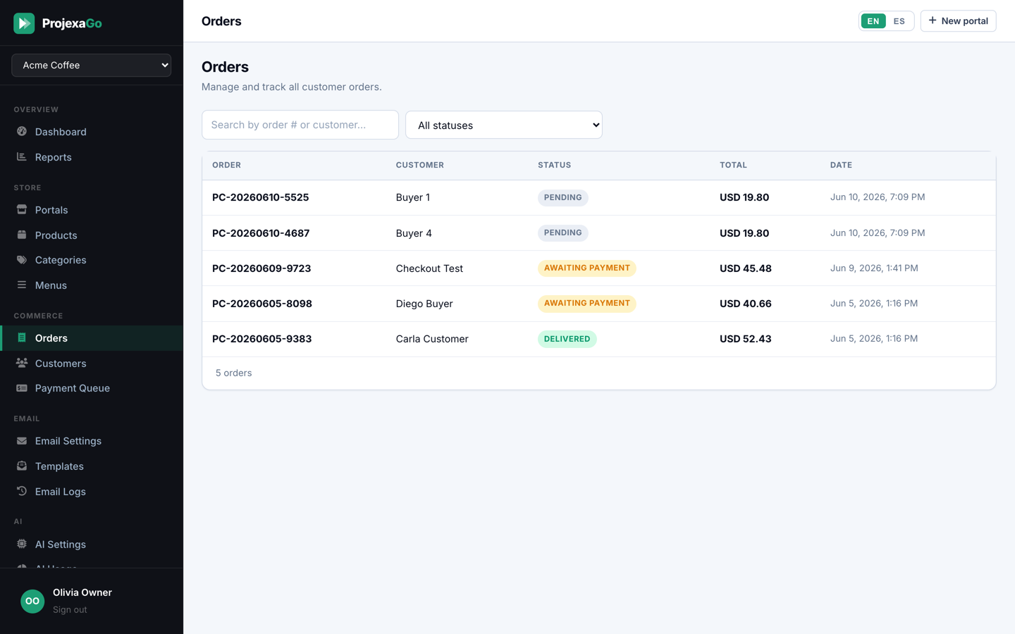 ProjexaGo backoffice — orders list with status badges and totals