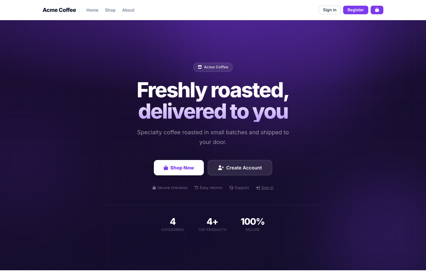 A published ProjexaGo storefront with branded hero and catalog