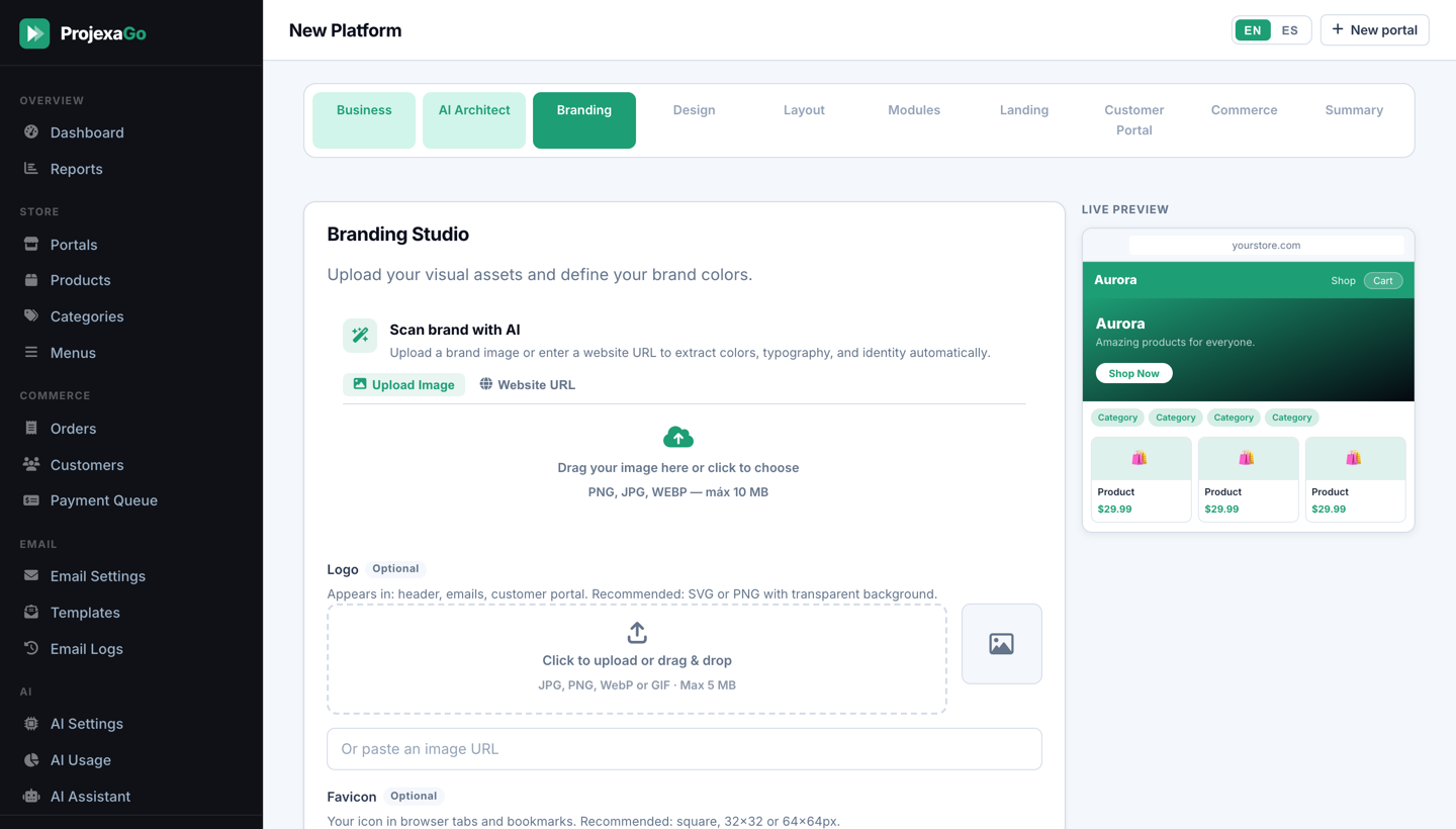 ProjexaGo wizard — branding studio with live storefront preview